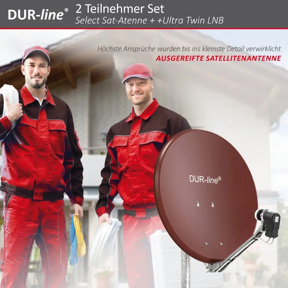 DUR-line Select 2 Teilnehmer Set - Qualitäts-Alu-Satelliten-Komplettanlage - Select 60cm/65cm Spiegel/Schüssel Rot + Twin LNB - für 2 Receiver/TV 