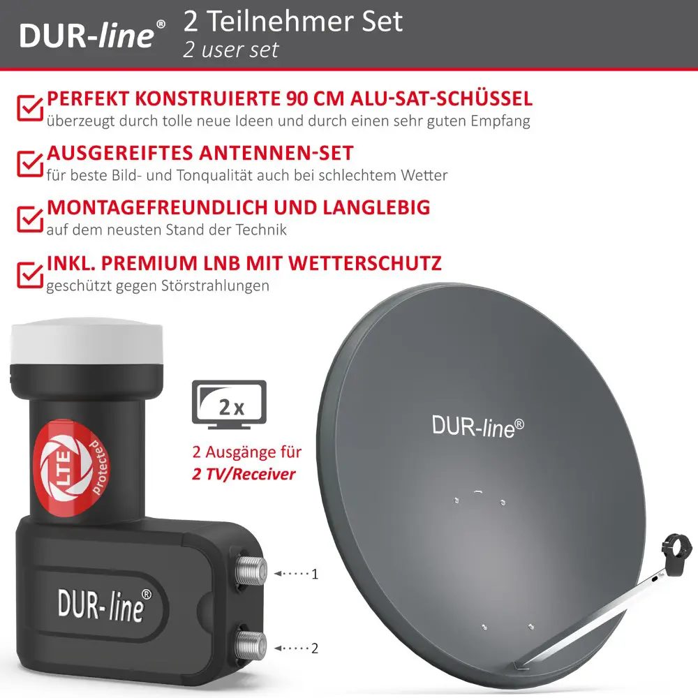 DUR-line MDA 90 Anthrazit - Digitale 2 Teilnehmer Satellitenschüssel Komplett-Anlage mit +Ultra Twin - LNB