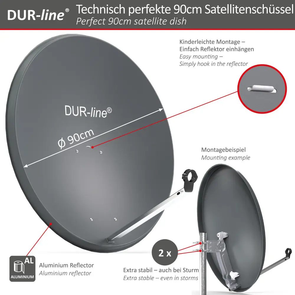 DUR-line MDA 90 Anthrazit - Digiatale 1 Teilnehmer Satellitenschüssel Komplett-Anlage mit +Ultra Single - LNB 