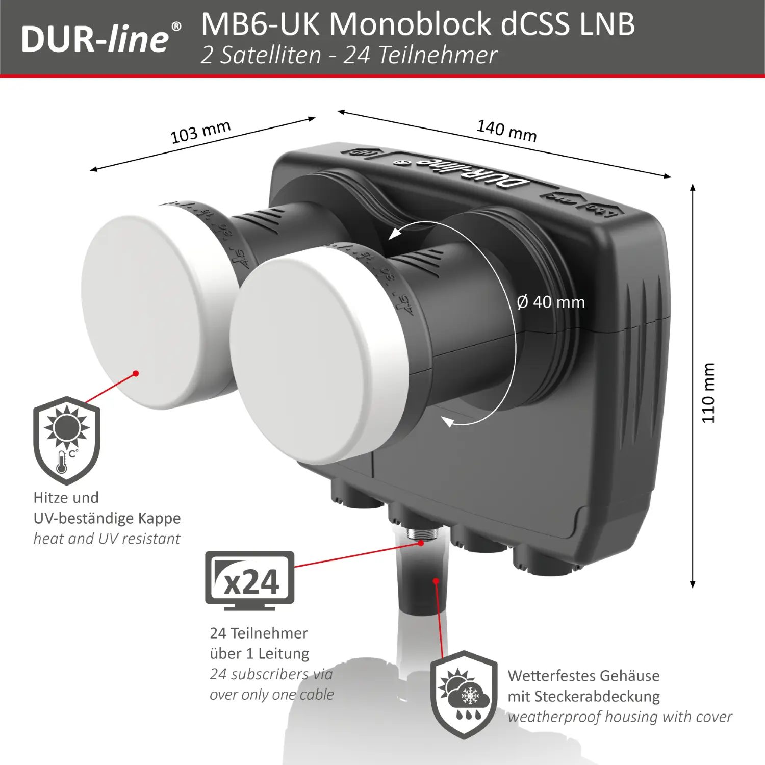 DUR-line MB6-UK Monoblock dCSS LNB – Abmessungen für 2 Satelliten und 24 Teilnehmer DUR-line Monoblock dCSS LNB