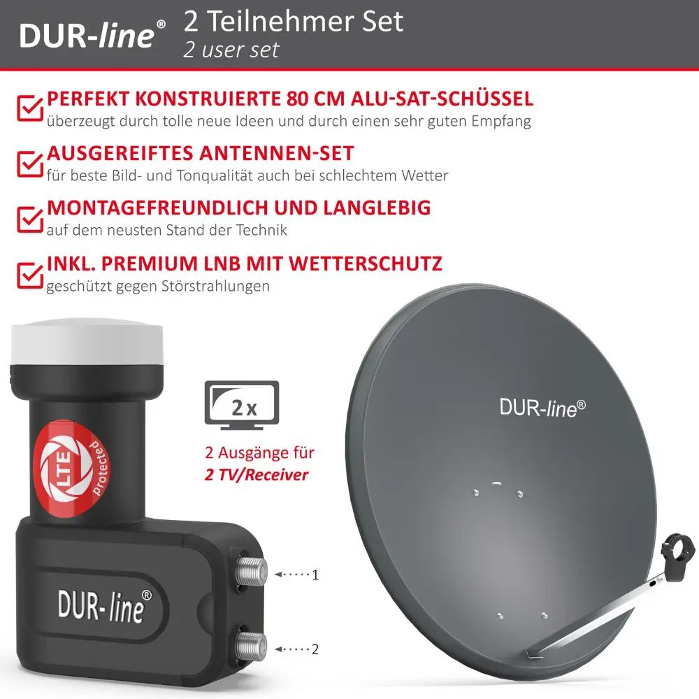 DUR-line MDA 80 Anthrazit- Digiatale 2 Teilnehmer Satellitenschüssel Komplett-Anlage mit +Ultra Twin - LNB