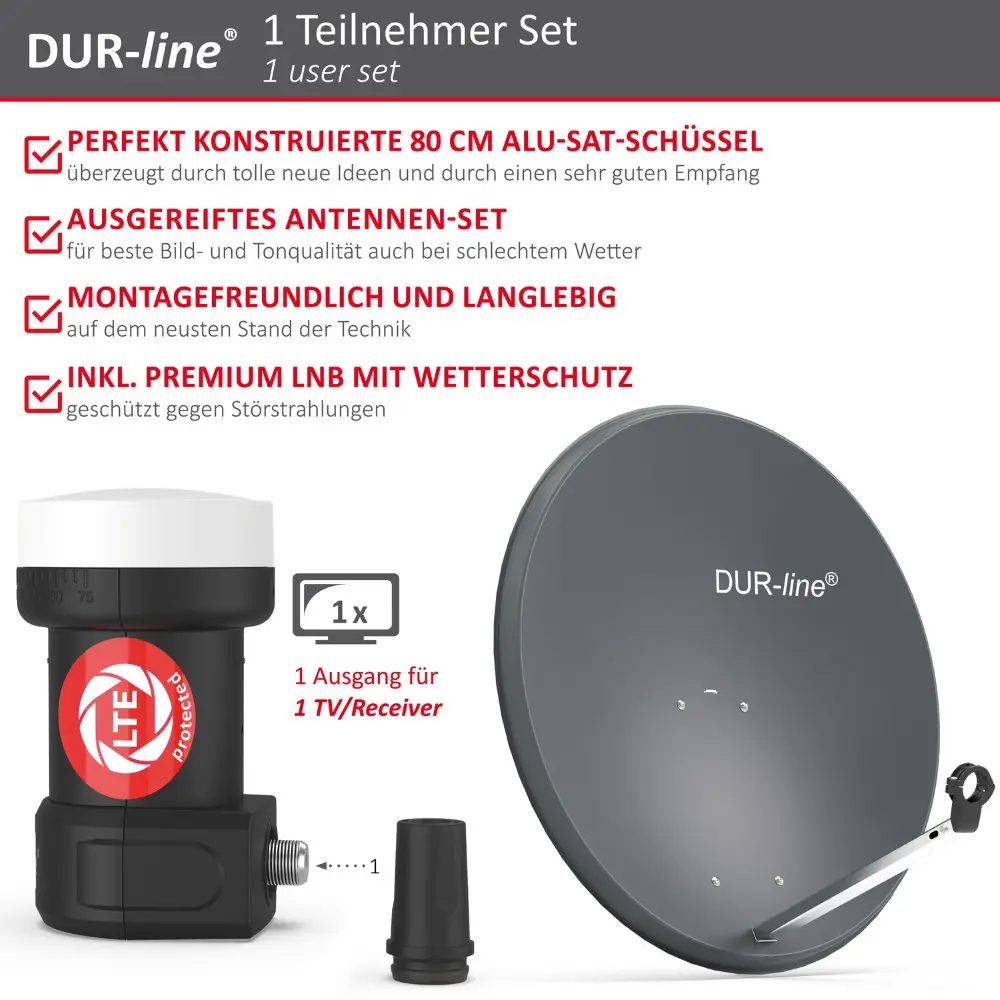 DUR-line MDA 80 Anthrazit - Digiatale 1 Teilnehmer Satellitenschüssel Komplett-Anlage mit +Ultra Single - LNB 