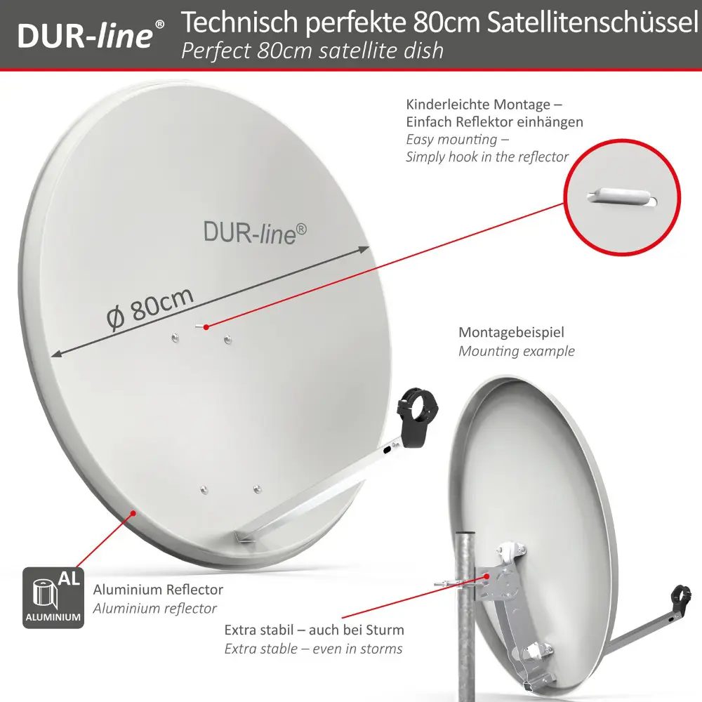 DUR-line MDA 80 Hellgrau - Digiatale 4 Teilnehmer Satellitenschüssel Komplett-Anlage mit +Ultra Quad - LNB 