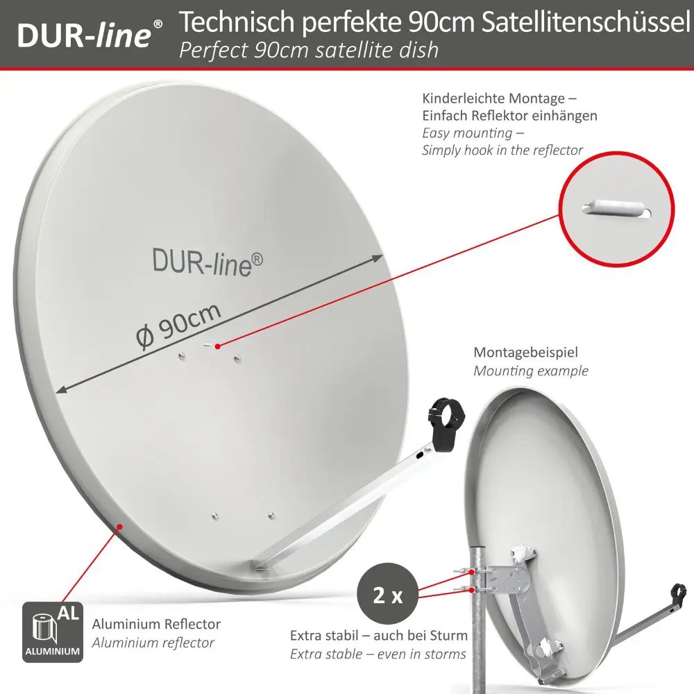 DUR-line MDA 90 Hellgrau - Digiatale 8 Teilnehmer Satellitenschüssel Komplett-Anlage mit +Ultra Octo - LNB [Camping, Astra 19,2°, DVB-S/S2, Full HD, 4K, 3D]
