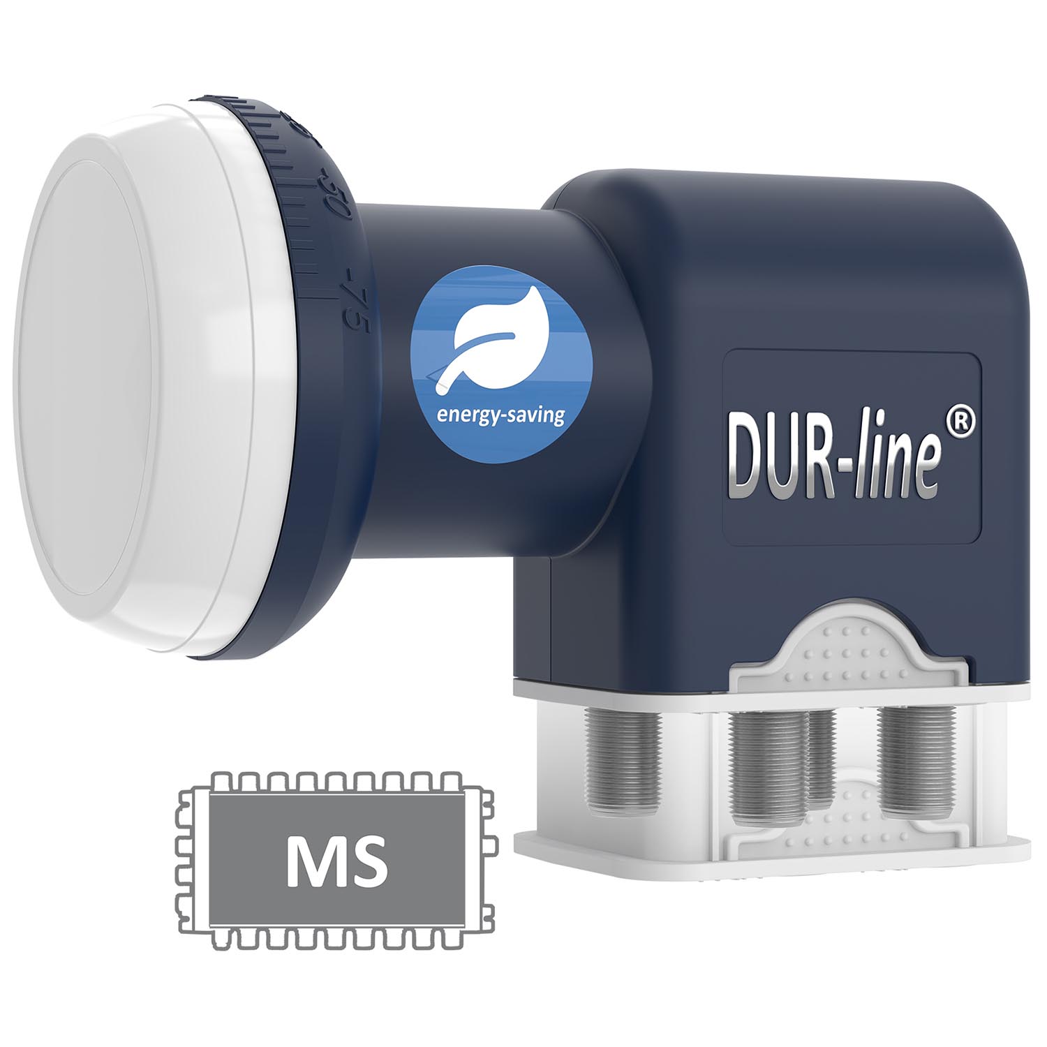 DUR-line Blue ECO Quattro LNB – Seitenansicht mit Wetterschutz DUR-line Blue ECO Quattro