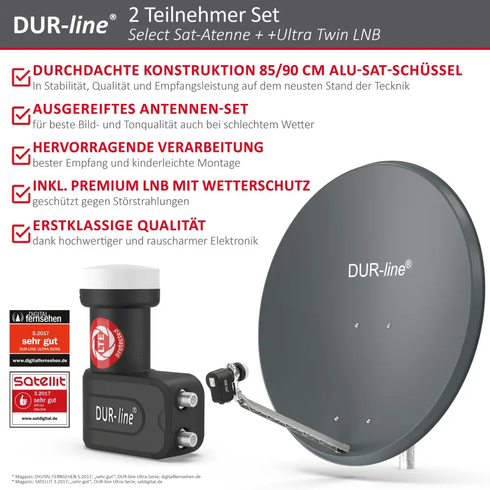 DUR-line Select 2 Teilnehmer Set - Qualitäts-Alu-Satelliten-Komplettanlage - Select 85cm/90cm Spiegel/Schüssel Hellgrau + Twin LNB - für 2 Receiver/TV