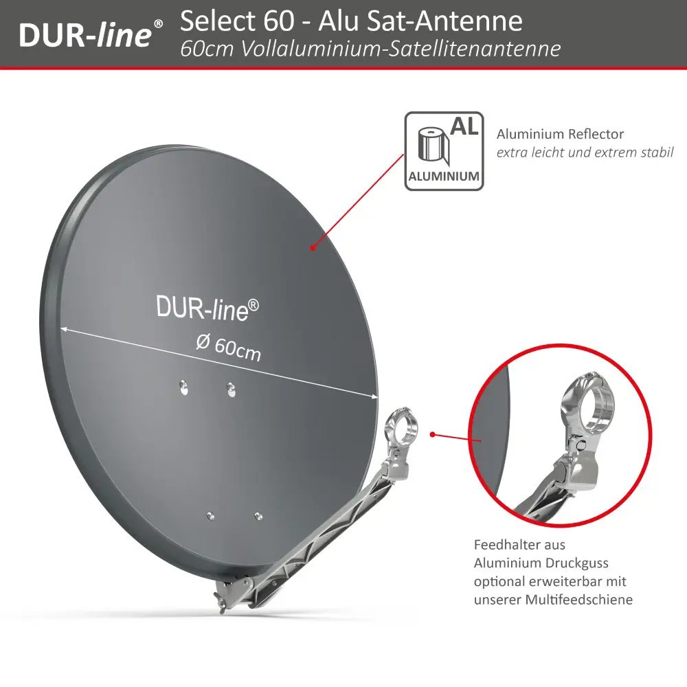 DUR-line Select 4 Teilnehmer Set - Qualitäts-Alu-Satelliten-Komplettanlage - Select 60cm/65cm Spiegel/Schüssel Anthrazit + Quad LNB - für 4 Receiver/TV DUR-line Select 4 Teilnehmer Set - Qualitäts-Alu-Satelliten-Komplettanlage - Select 60cm/65cm Spiegel/Schüssel Anthrazit + Quad LNB - für 4 Receiver/TV