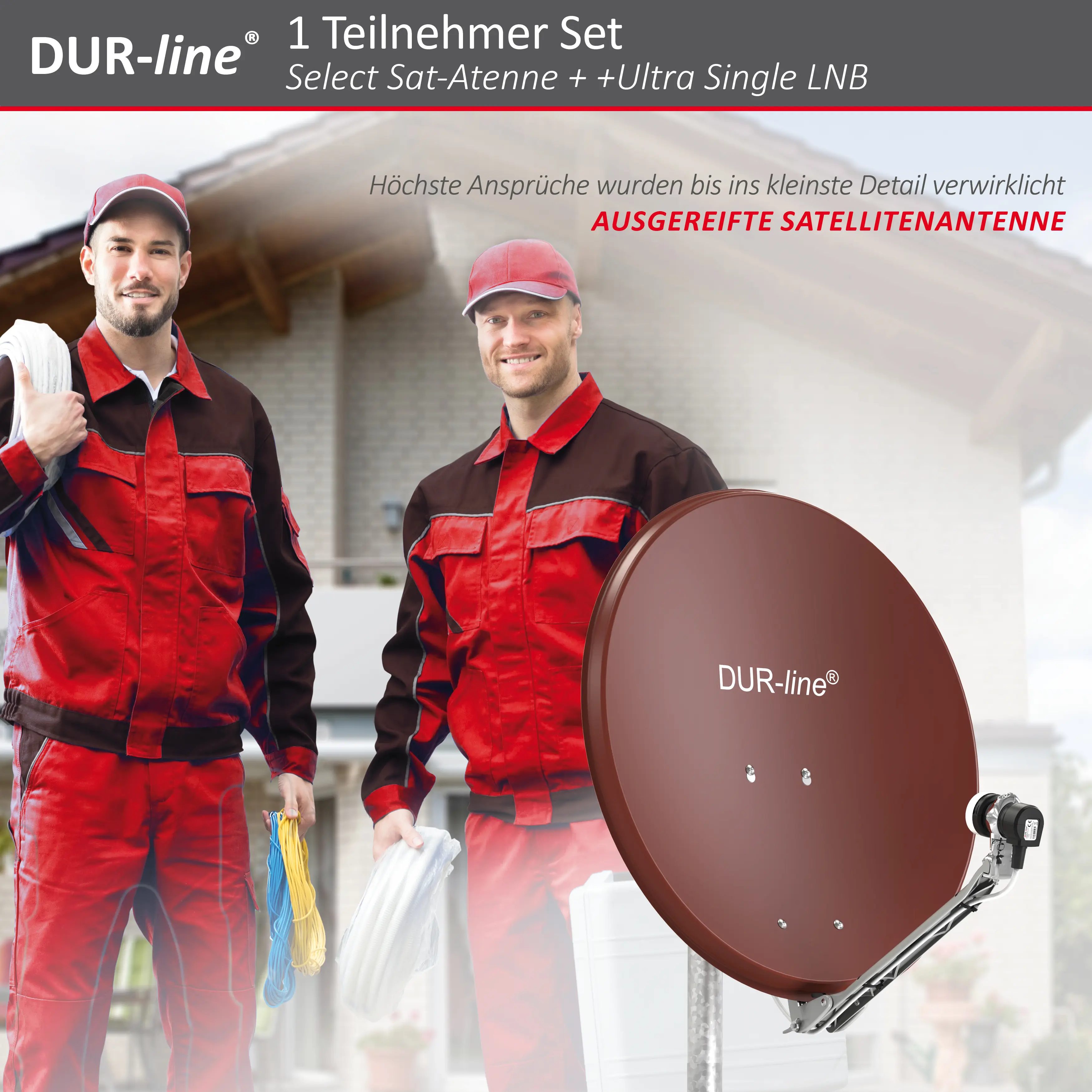 DUR-line Select 1 Teilnehmer Set - Qualitäts-Alu-Satelliten-Komplettanlage - Select 60cm/65cm Spiegel/Schüssel Rot + Single LNB - für 1 Receiver/TV