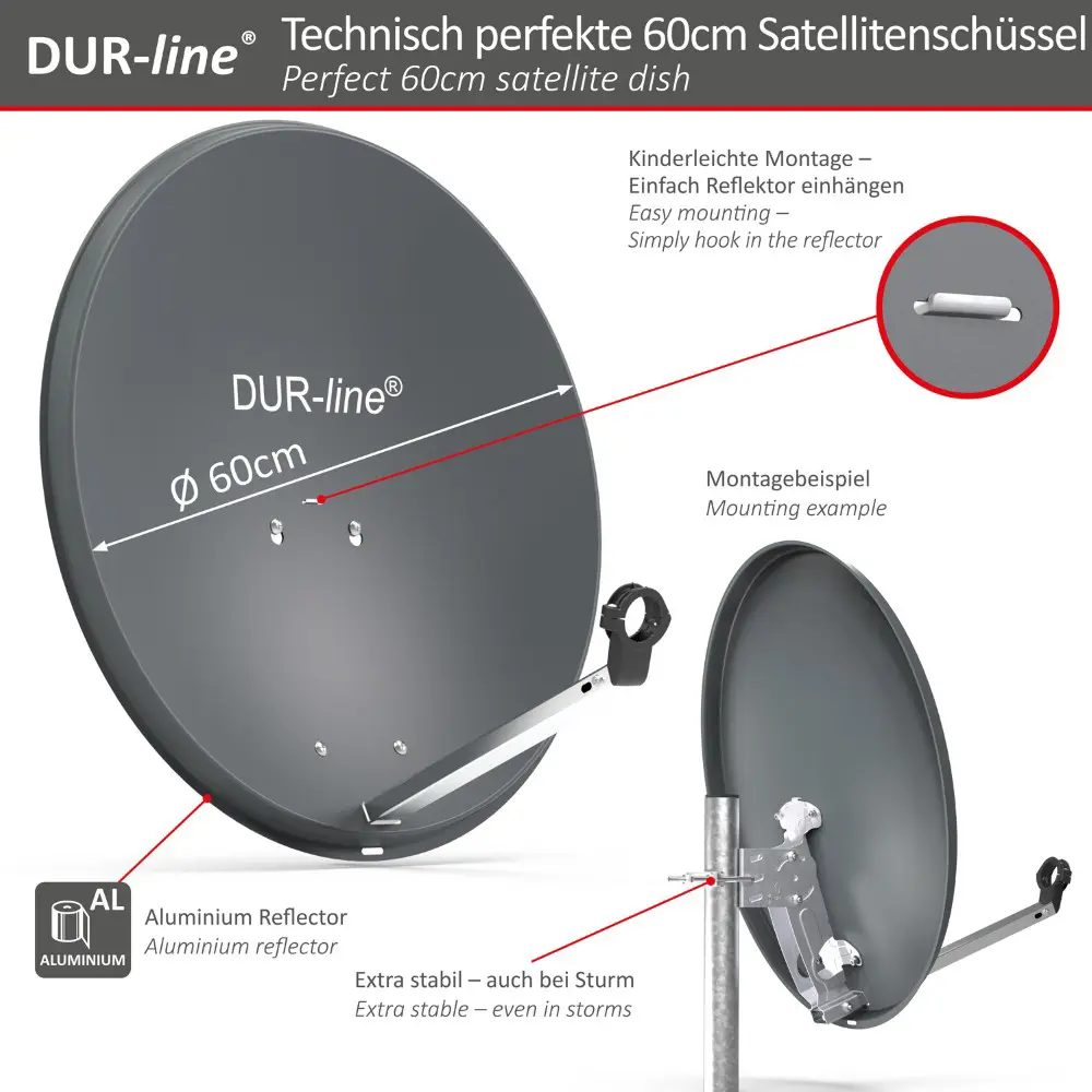 DUR-line MDA 60 Anthrazit - Digiatale 4 Teilnehmer Satellitenschüssel Komplett-Anlage mit +Ultra Quad - LNB DUR-line MDA 60 Anthrazit - Digiatale 4 Teilnehmer Satellitenschüssel Komplett-Anlage mit +Ultra Quad - LNB