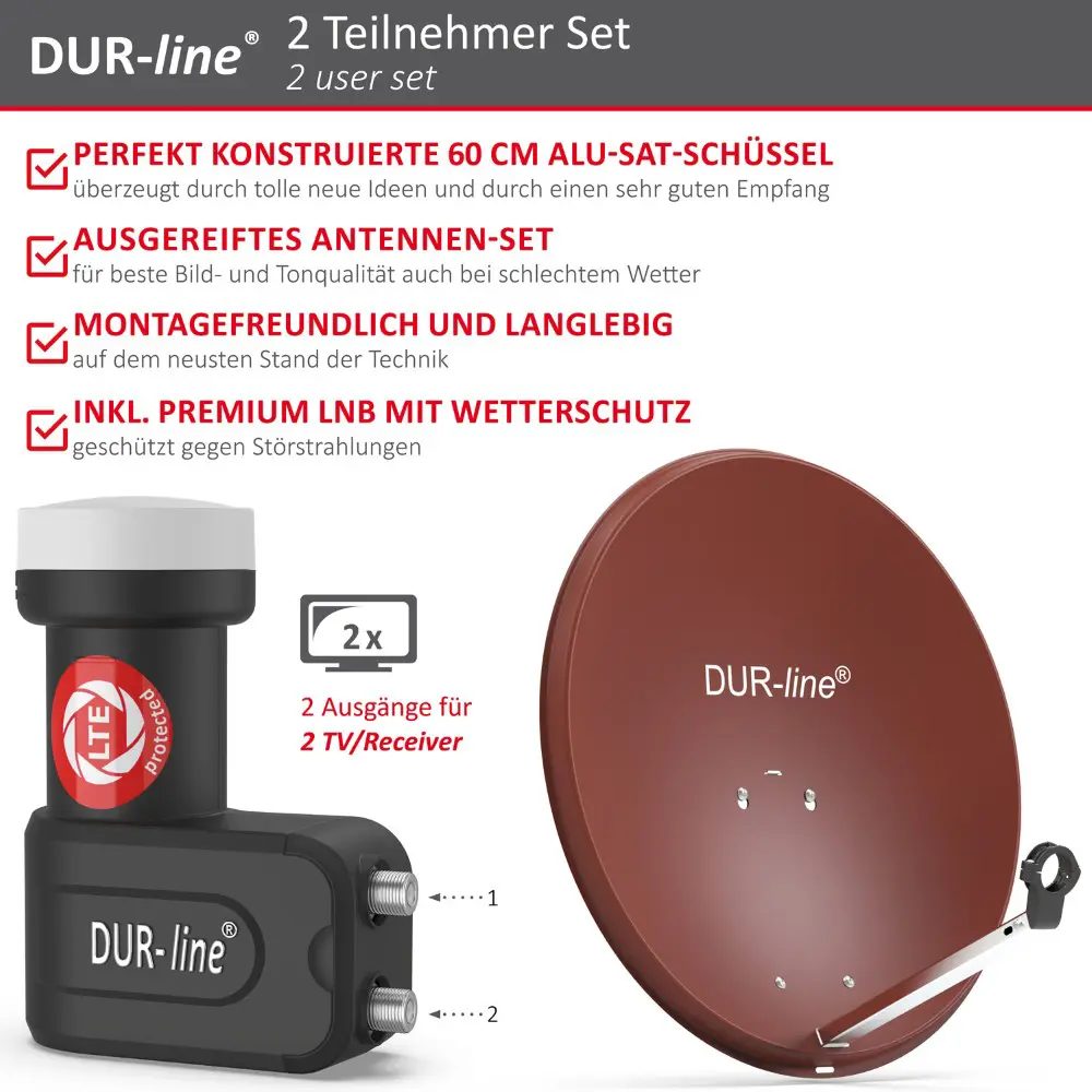 DUR-line MDA 60 Rot - Digiatale 2 Teilnehmer Satellitenschüssel Komplett-Anlage mit +Ultra Twin - LNB