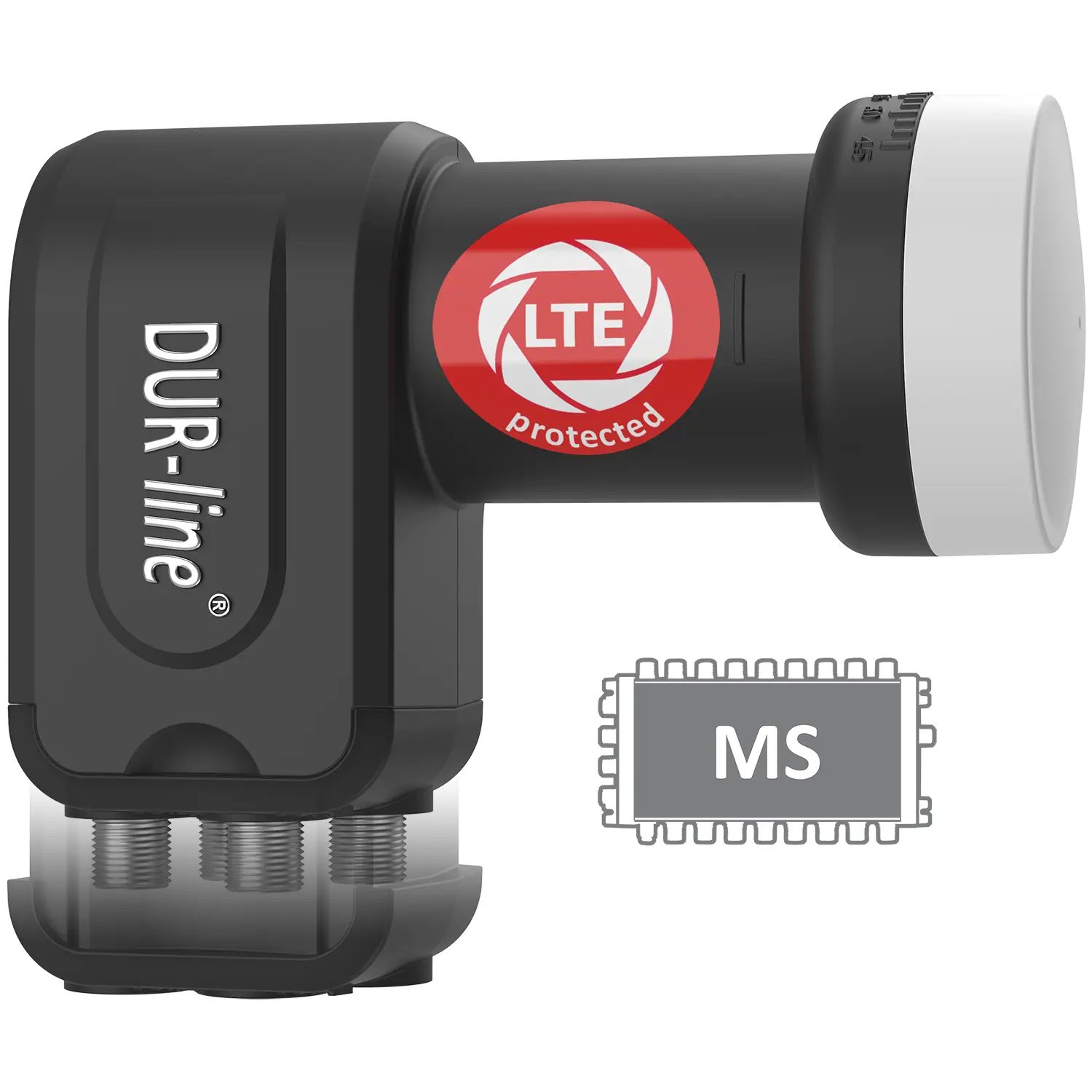 DUR-line +Ultra Quattro LNB – Draufsicht perspektivisch mit Wetterschutz DUR-line +Ultra Quattro LNB
