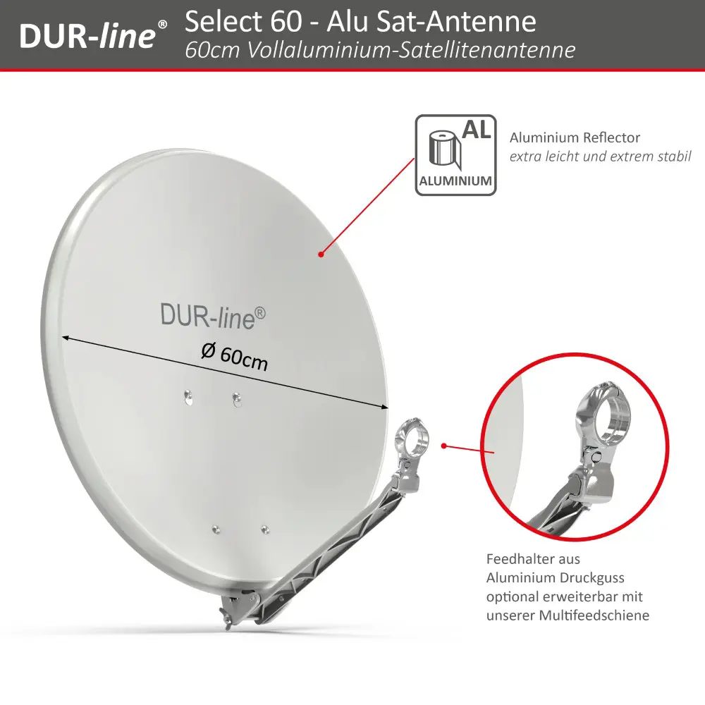 DUR-line Select 2 Teilnehmer Set - Qualitäts-Alu-Satelliten-Komplettanlage - Select 60cm/65cm Spiegel/Schüssel Hellgrau + Twin LNB - für 2 Receiver/TV DUR-line Select 2 Teilnehmer Set - Qualitäts-Alu-Satelliten-Komplettanlage - Select 60cm/65cm Spiegel/Schüssel Hellgrau + Twin LNB - für 2 Receiver/TV