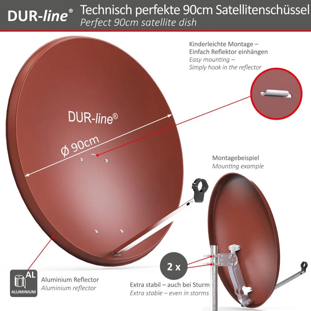 DUR-line MDA 90 Rot - Digiatale 1 Teilnehmer Satellitenschüssel Komplett-Anlage mit +Ultra Single - LNB DUR-line MDA 90 Rot - Digiatale 1 Teilnehmer Satellitenschüssel Komplett-Anlage mit +Ultra Single - LNB