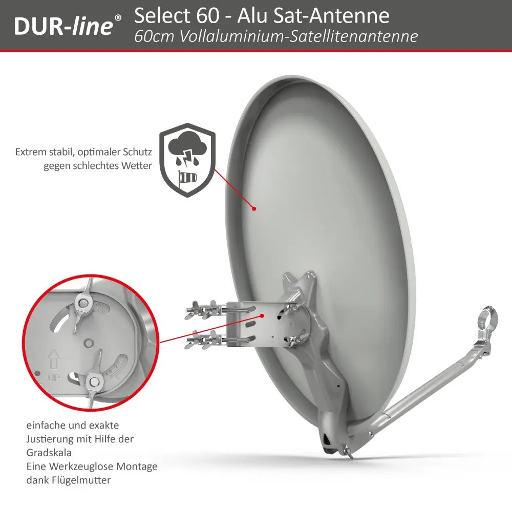 DUR-line Select 2 Teilnehmer Set - Qualitäts-Alu-Satelliten-Komplettanlage - Select 60cm/65cm Spiegel/Schüssel Hellgrau + Twin LNB - für 2 Receiver/TV DUR-line Select 2 Teilnehmer Set - Qualitäts-Alu-Satelliten-Komplettanlage - Select 60cm/65cm Spiegel/Schüssel Hellgrau + Twin LNB - für 2 Receiver/TV