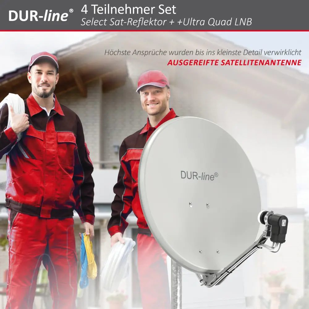 DUR-line Select 4 Teilnehmer Set - Qualitäts-Alu-Satelliten-Komplettanlage - Select 60cm/65cm Spiegel/Schüssel Hellgrau + Quad LNB - für 4 Receiver/TV