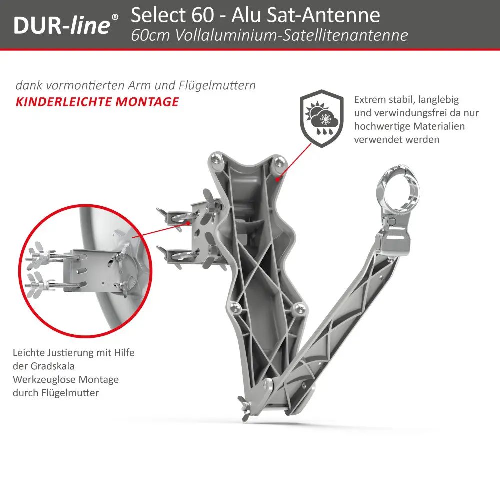 DUR-line Select 2 Teilnehmer Set - Qualitäts-Alu-Satelliten-Komplettanlage - Select 60cm/65cm Spiegel/Schüssel Hellgrau + Twin LNB - für 2 Receiver/TV DUR-line Select 2 Teilnehmer Set - Qualitäts-Alu-Satelliten-Komplettanlage - Select 60cm/65cm Spiegel/Schüssel Hellgrau + Twin LNB - für 2 Receiver/TV