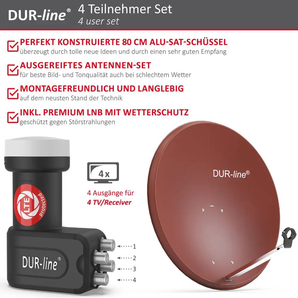 DUR-line MDA 80 Rot - Digiatale 4 Teilnehmer Satellitenschüssel Komplett-Anlage mit +Ultra Quad - LNB 