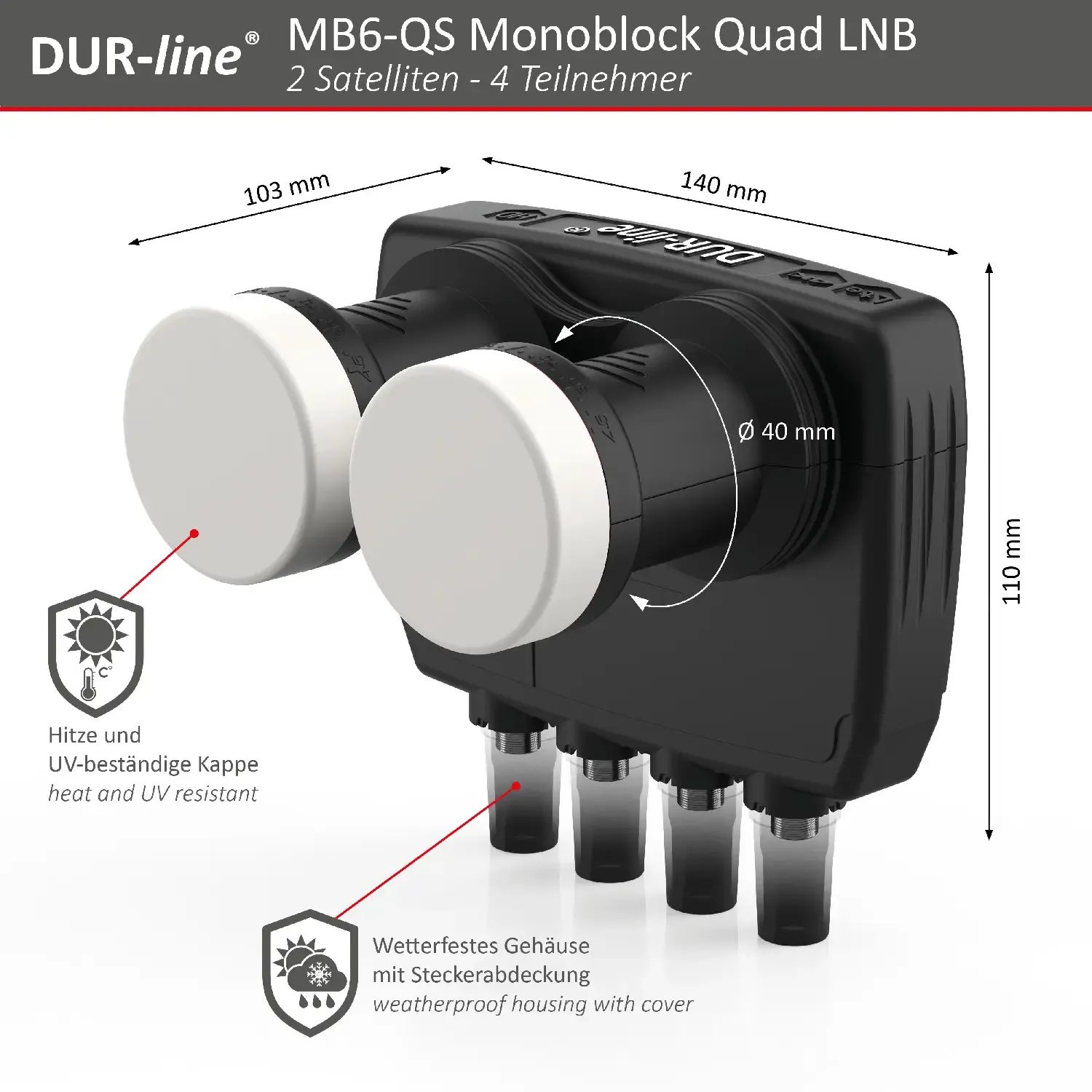 DUR-line MB6-QS Monoblock Quad LNB – Abmessungen DUR-line Monoblock Quad LNB