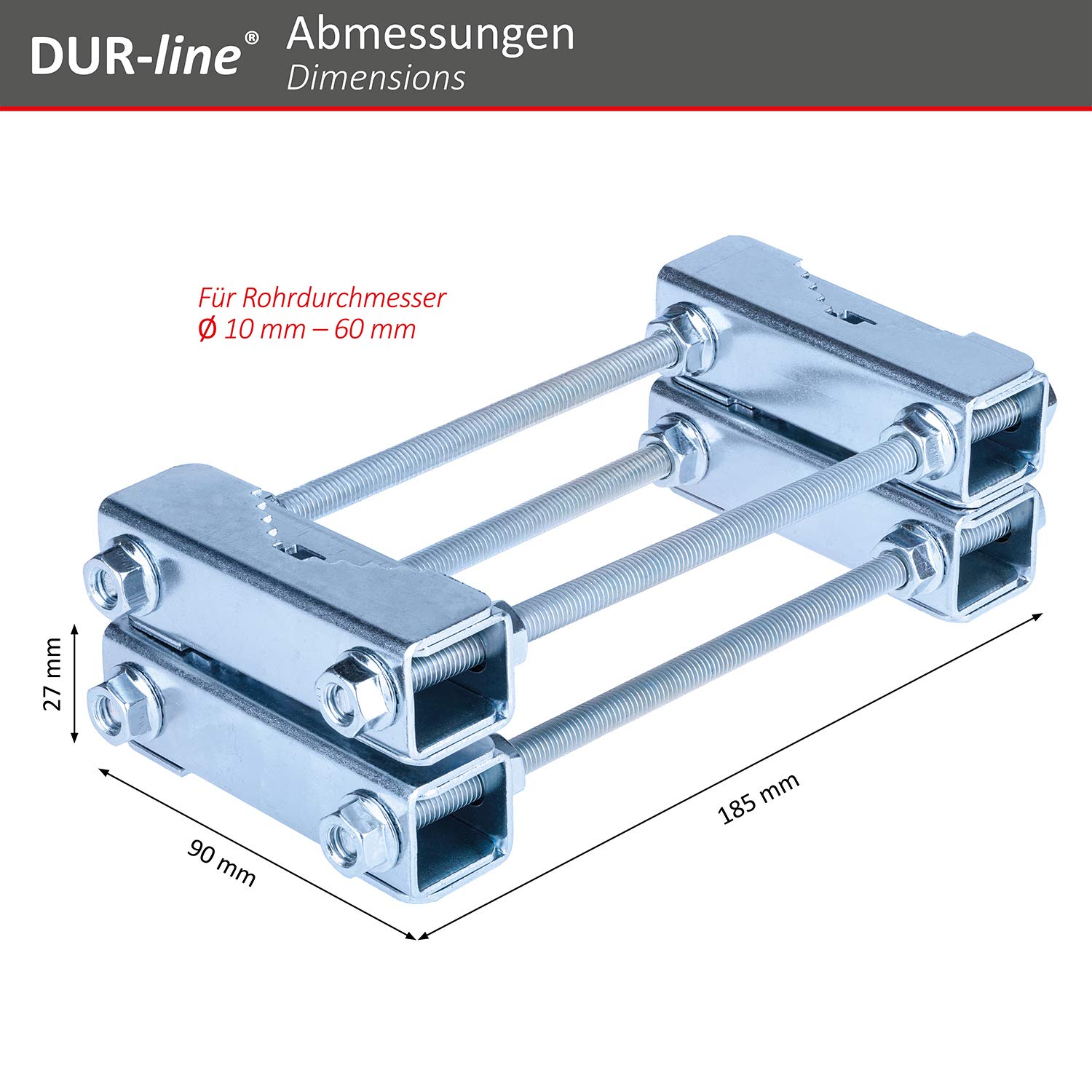 DUR-line Doppelschelle Groß – Abmessungen 185 × 90 × 27 mm, Rohre Ø 10–60 mm