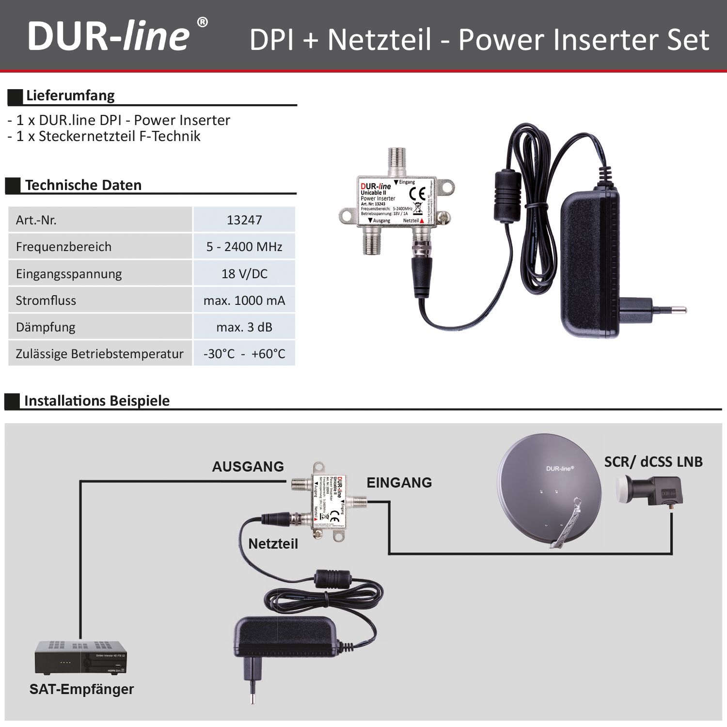 DUR-line DPI + Netzteil – Lieferumfang, technische Daten und Anschlussbeispiel