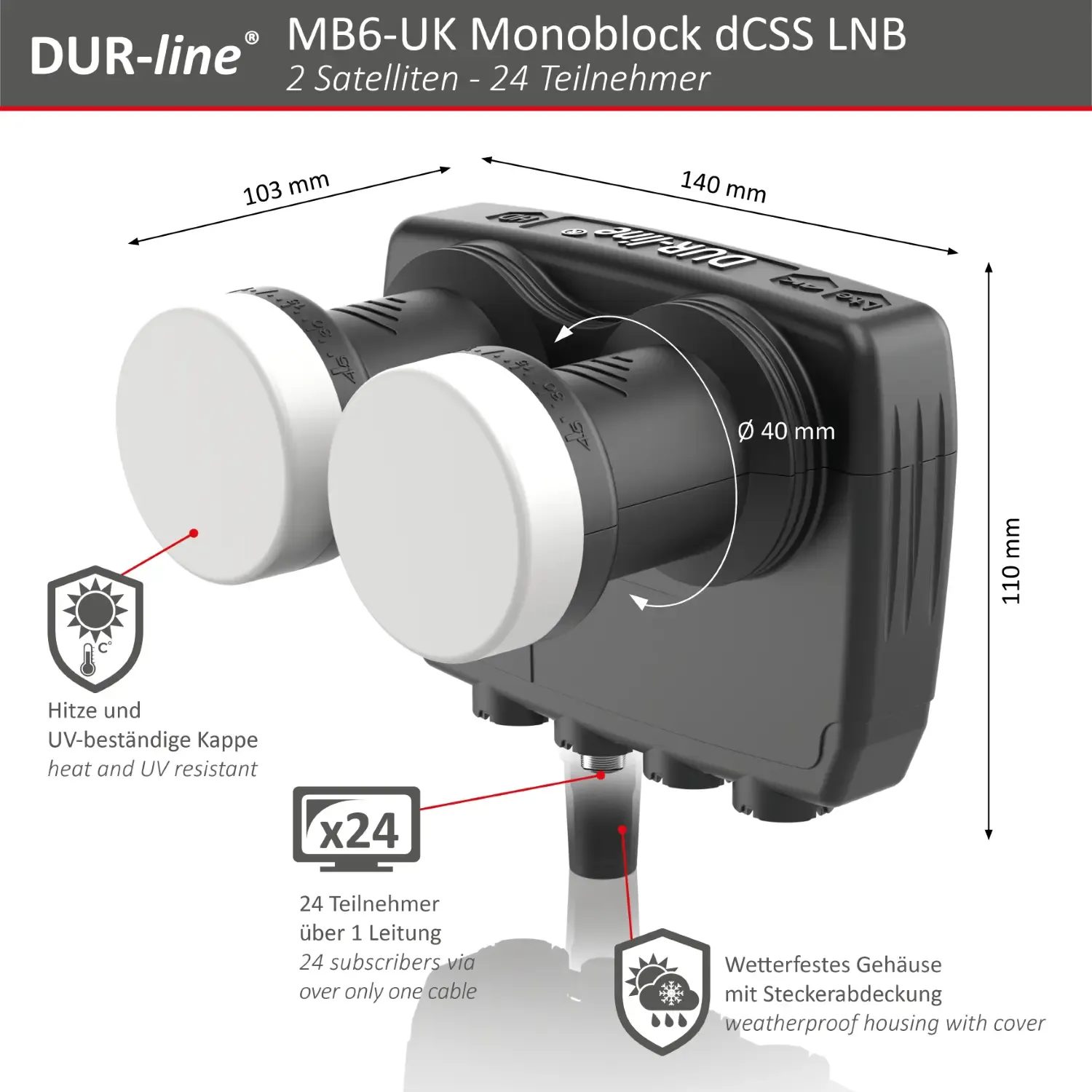 DUR-line MB6-UK Monoblock dCSS LNB – Abmessungen für 2 Satelliten und 24 Teilnehmer DUR-line Monoblock dCSS LNB