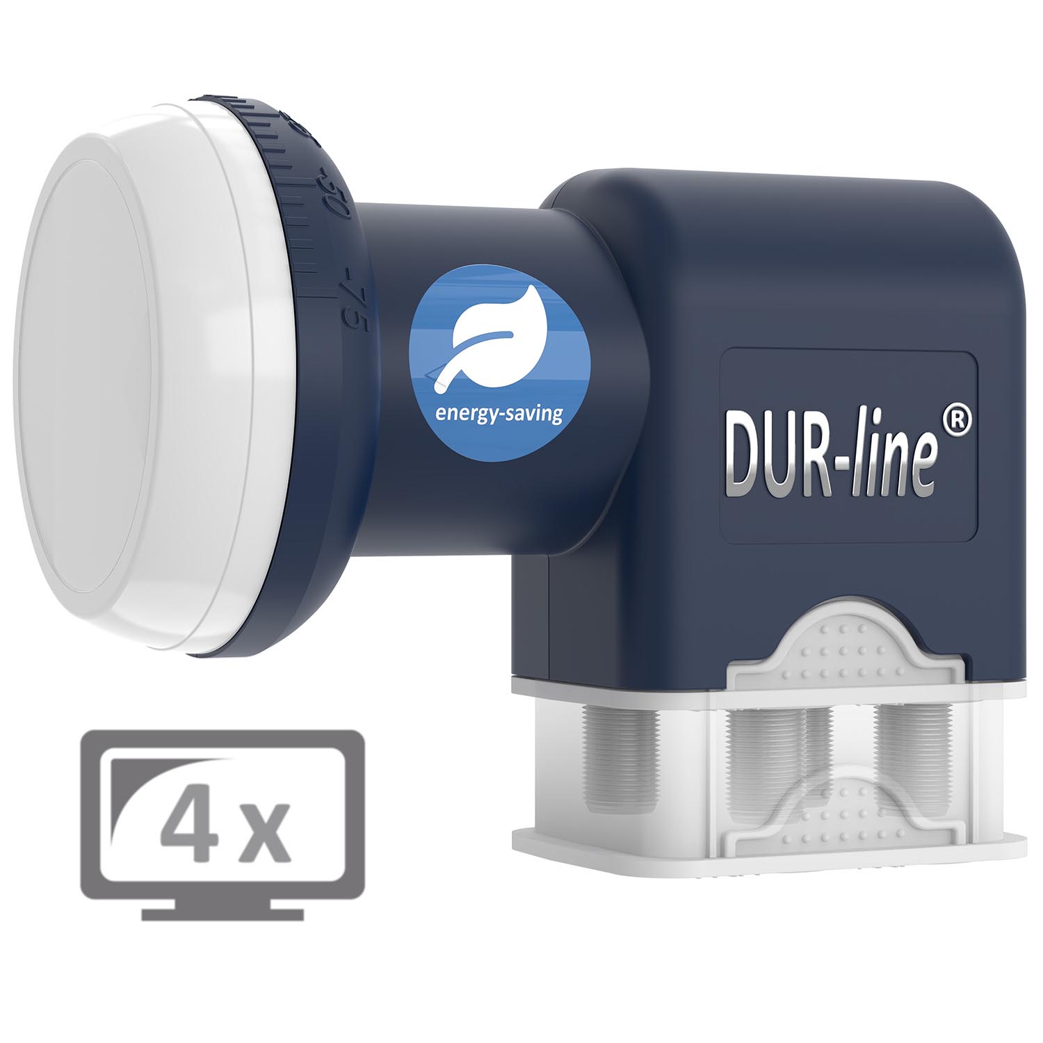 DUR-line Blue ECO Quad LNB – Seitenansicht mit Wetterschutz DUR-line Blue ECO Quad